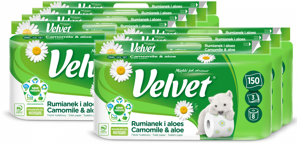 7x Papier toaletowy Velvet Rumianek i Aloes, 3-warstwowy, 8 rolek, biały