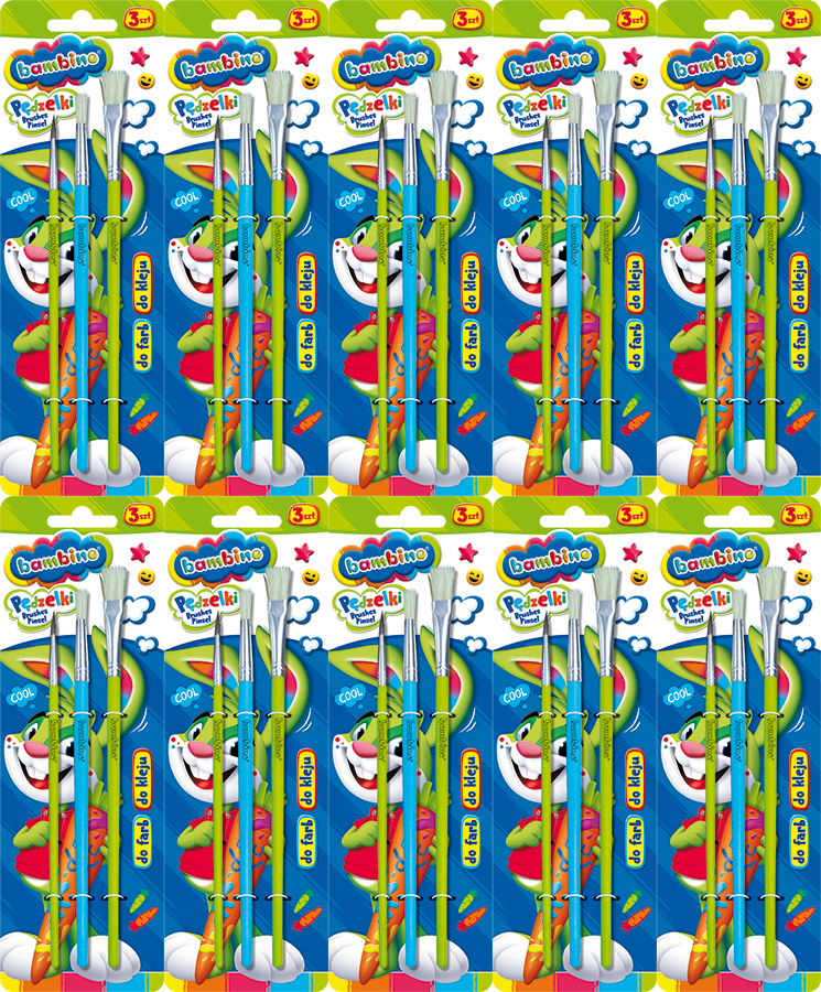 10x Zestaw pędzli Bambino Zwierzaki Uczniaki, do farb i kleju, 3 sztuki, rozmiar 4/8/16