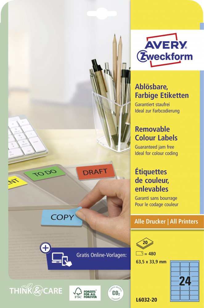 Etykiety usuwalne Avery Zweckform, 63.5x33.9mm, 20 arkuszy, niebieski