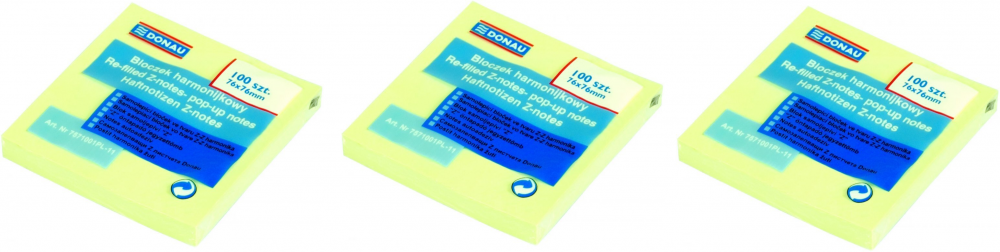 3x karteczki samoprzylepne typu "Z" Donau, 76x76mm, 100 karteczek, żółty pastelowy