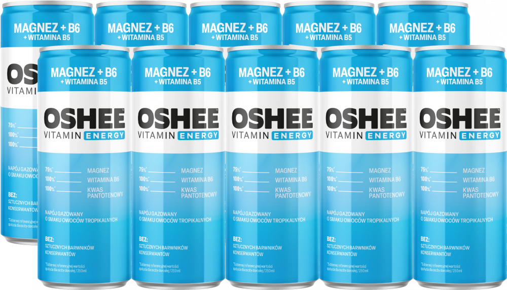 10x napój Oshee Vitamin Energy, Magnez + witamina B6, puszka, 250ml