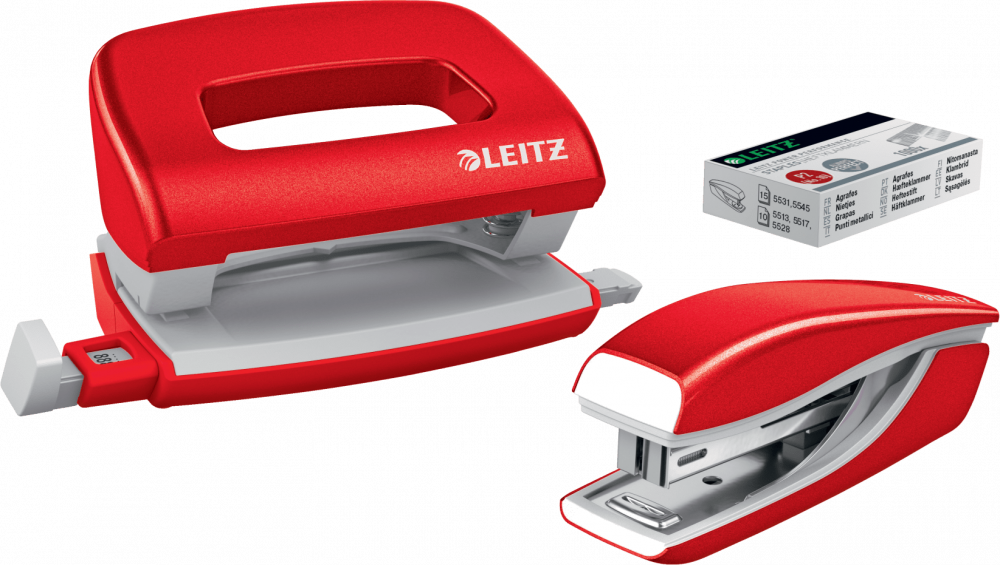 Zestaw zszywacz i dziurkacz Leitz Mini NeXXt Wow, metalowy, czerwony