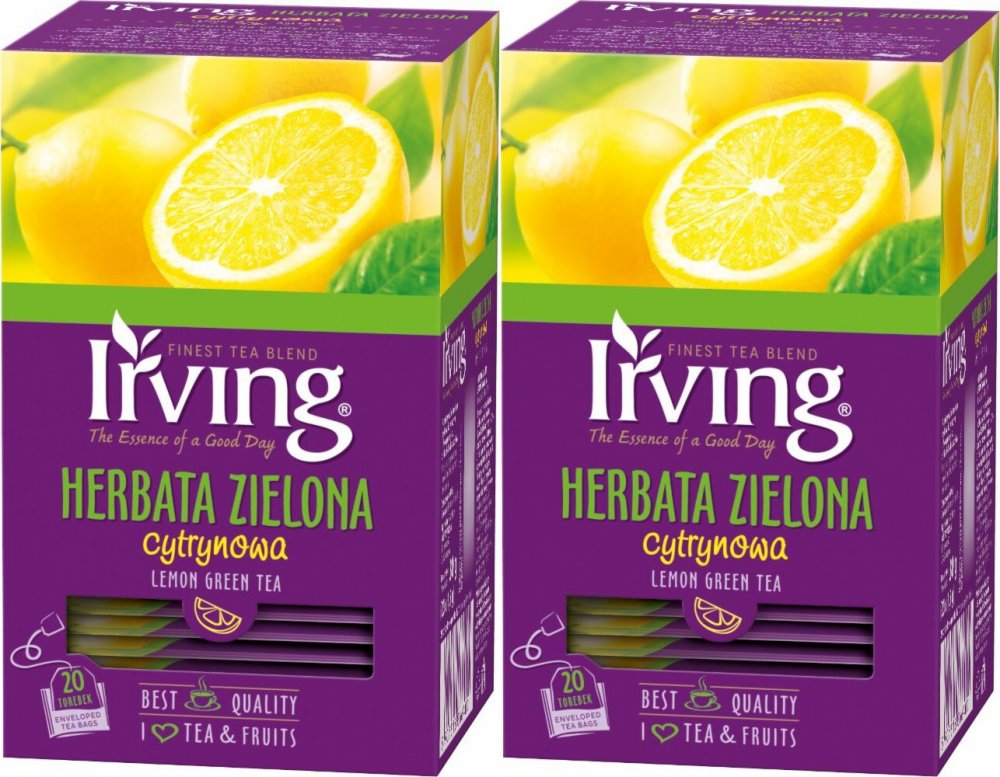 2x Herbata zielona smakowa w kopertach Irving, cytrynowa, 20 sztuk x 1.5g