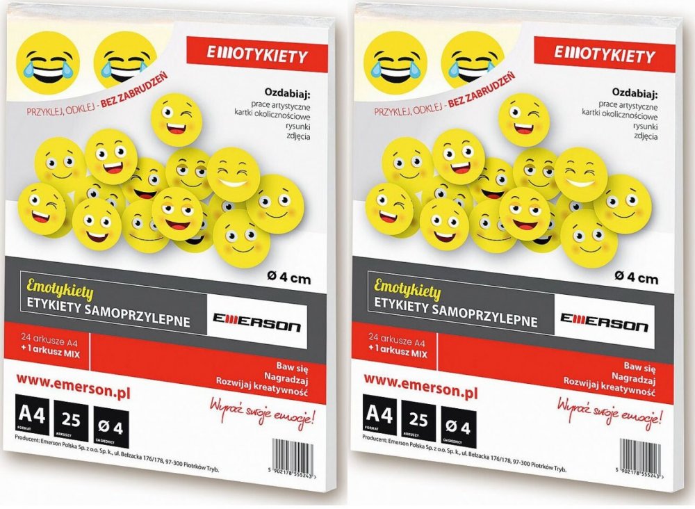 2x Etykiety buźki Emerson Emotykiety, średnica 40mm, 25 arkuszy, żółty