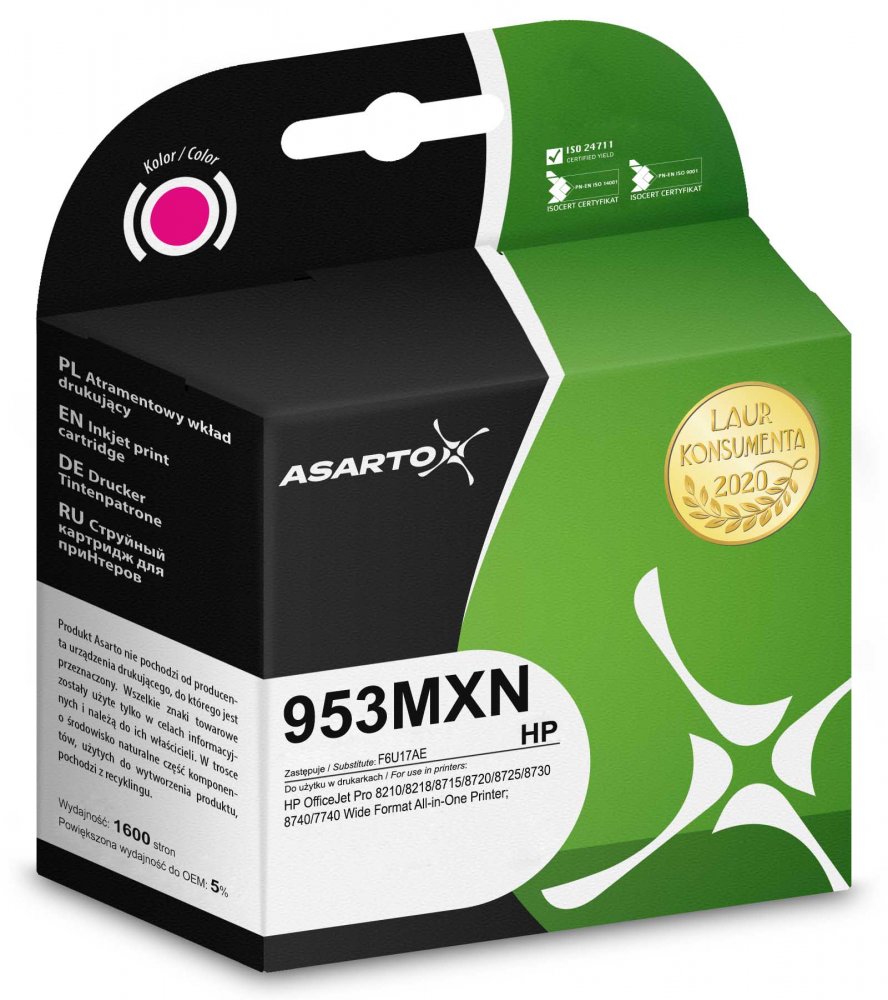 Tusz Asarto AS-H953MXN (F6U17AE), 1600 stron, magenta (purpurowy)