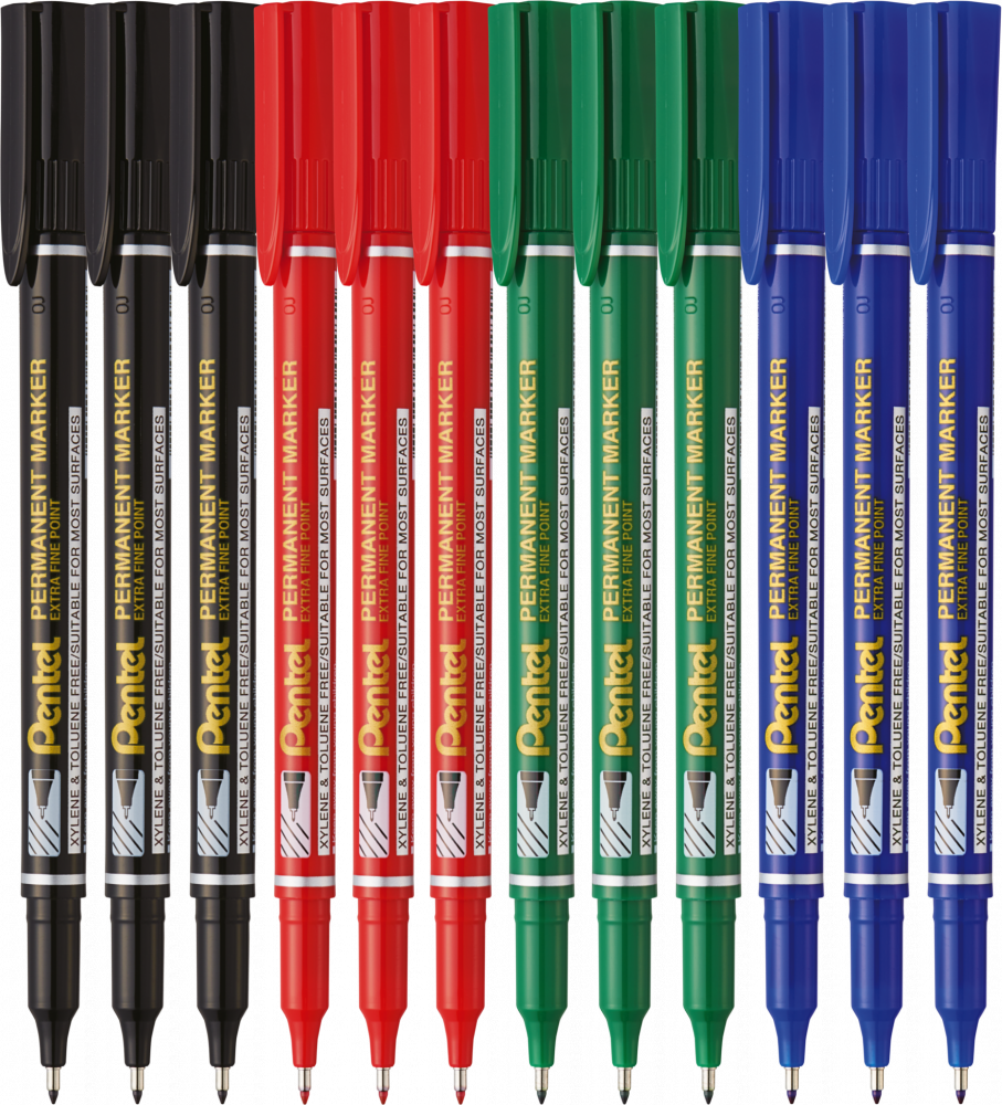 Zestaw: 12x Foliopis Pentel NF450, okrągła, 1.6mm, mix kolorów (zielony, niebieski, czerwony, czarny)