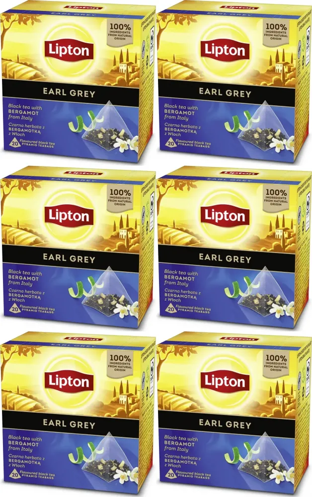 6x Herbata czarna w piramidkach Lipton Earl Grey, z bergamotką, 20 sztuk x 1.6g