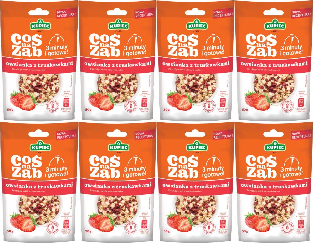 8x Owsianka Kupiec Coś na ząb, z truskawkami, 50g