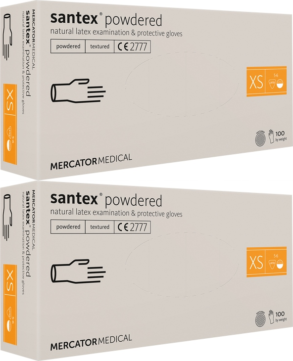 2x Rękawiczki jednorazowe lateksowe Santex, pudrowane, rozmiar XS, 100 sztuk, kremowy