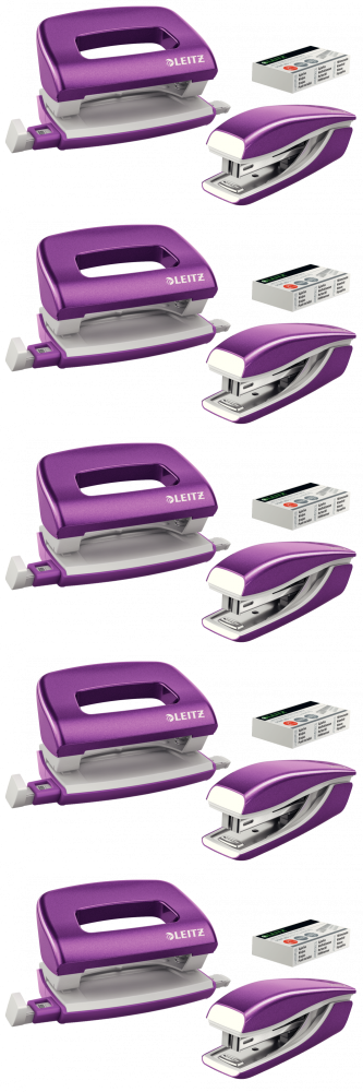 5x Zestaw zszywacz i dziurkacz Leitz Mini NeXXt Wow, metalowy, fioletowy