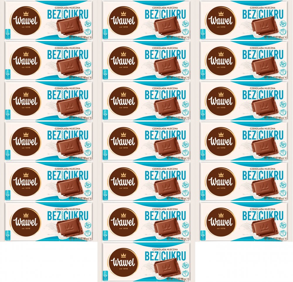 19x Czekolada Wawel Mleczna, bez dodatku cukru, 90g