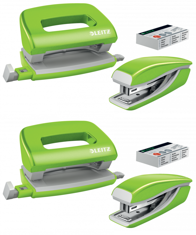 2x Zestaw zszywacz i dziurkacz Leitz Mini NeXXt Wow, metalowy, zielony