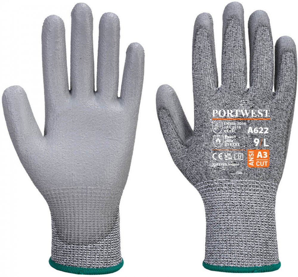 Rękawice robocze PU Portwest A622, antyprzecięciowe, powlekane, rozmiar L, szary