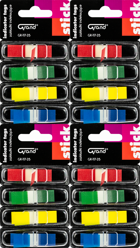 4x Zakładki samoprzylepne Grand ZZ GR-117-25, indeksujące, w podajniku, 45x12 mm, 4x25sztuk, mix kolorów