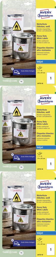 3x Etykiety poliestrowe Avery Zweckform Heavy Duty, wodoodporne, 210x297mm, 10 arkuszy, biały