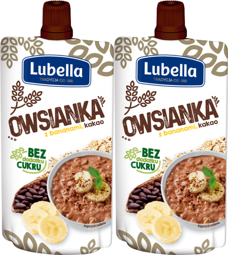 2x Mus owsianka Lubella, banan, kakao, bez cukru, 100g