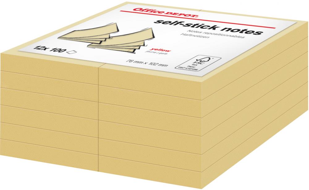 Karteczki samoprzylepne Office Depot, 76x102mm, 12x100 karteczek, żółty pastelowy