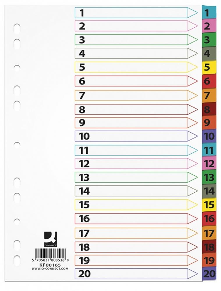 Przekładki do segregatora Q-Connect, kartonowe, numeryczne, A4, 20 kart, mix kolorów
