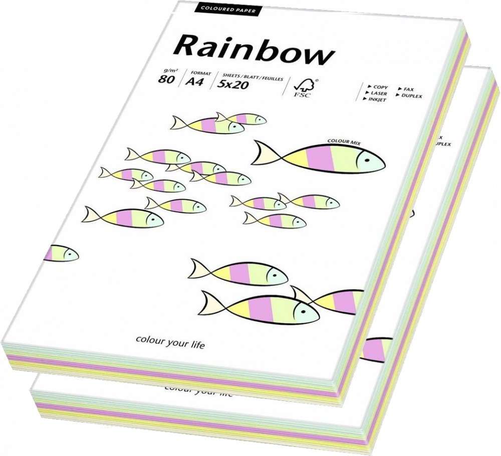 2x Papier ksero ekologiczny Rainbow, A4, 80g/m2, 100 arkuszy, mix kolorów pastelowych