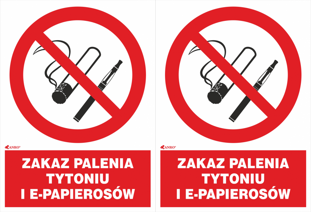 2x Tabliczka informacyjna Anro, "Zakaz palenia tytoniu i e-papierosów" , PCV, 200x300mm