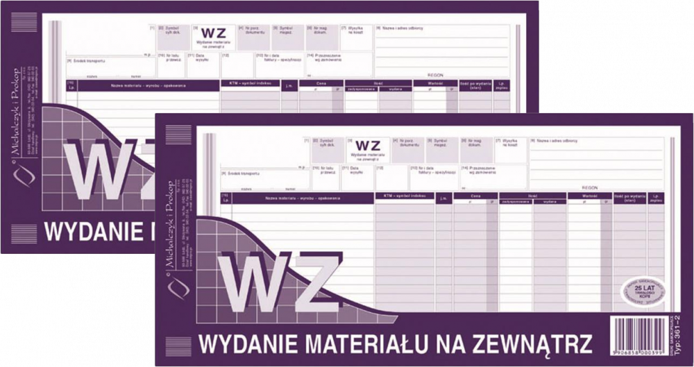 2x Druk akcydensowy WZ Wydanie materiału na zewnątrz MiP 361-2, 1/3 A3, wielokopia, 80k