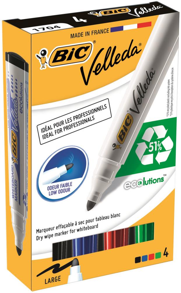 Marker suchościeralny Bic, Velleda, okrągła, 4 sztuki, 4.95mm, mix kolorów