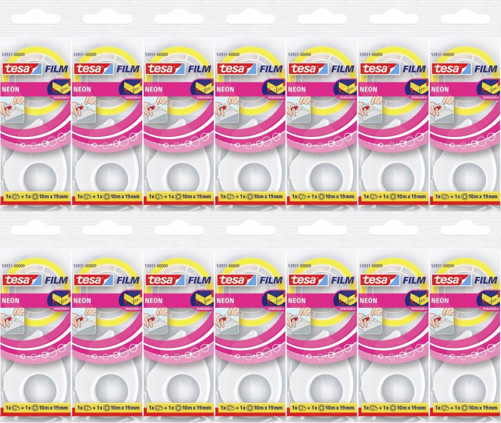 14x Mini podajnik do taśmy klejącej Tesa Film + taśma neonowa 19mmx10m, biały