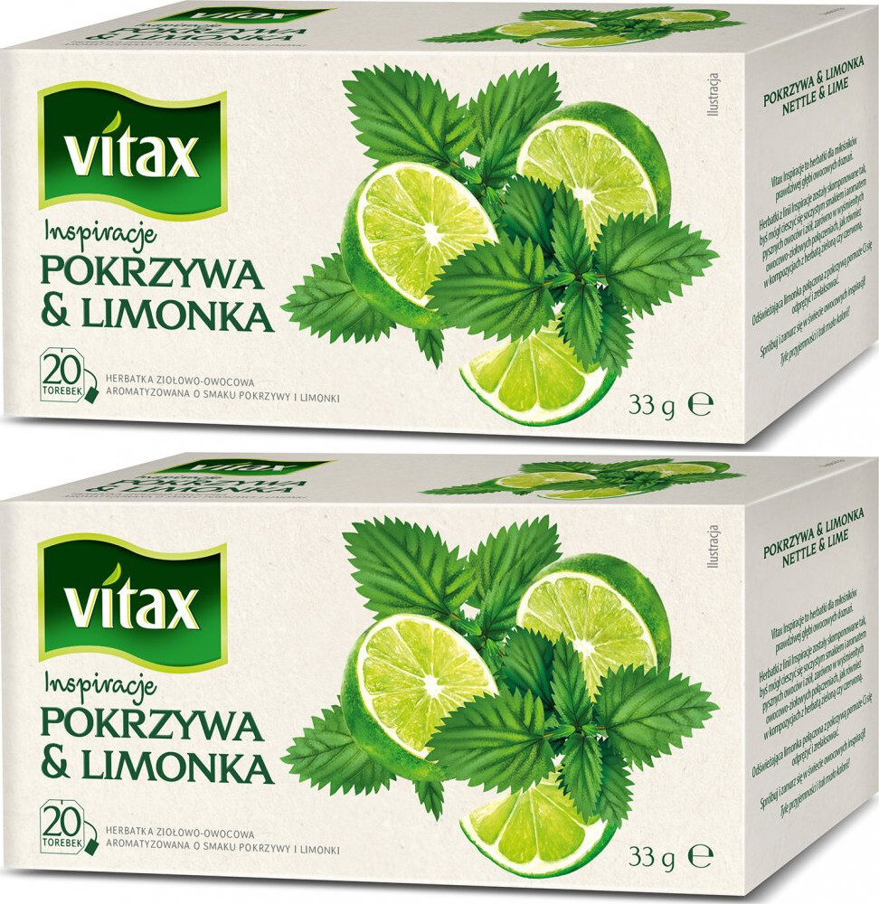 2x Herbata ziołowo-owocowa w torebkach Vitax Inspiracje, pokrzywa & limonka, 20 sztuk x 1.65g