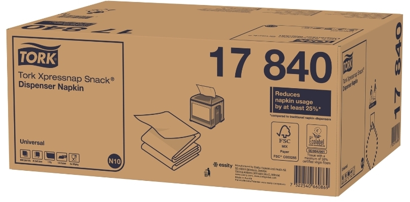 Serwetka dyspenserowa Tork Xpressnap Snack N10 17840, 21.3x21.6cm, 1-warstwowe, 9000 sztuk, biały