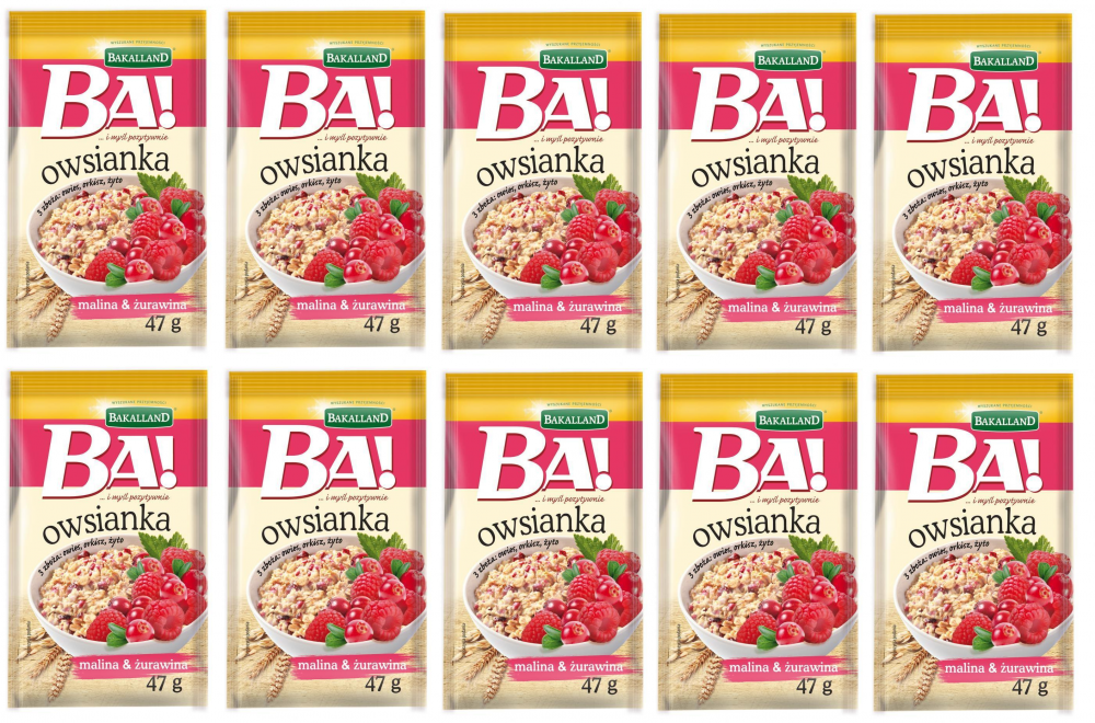 10x owsianka z maliną i żurawiną Bakalland, 47g