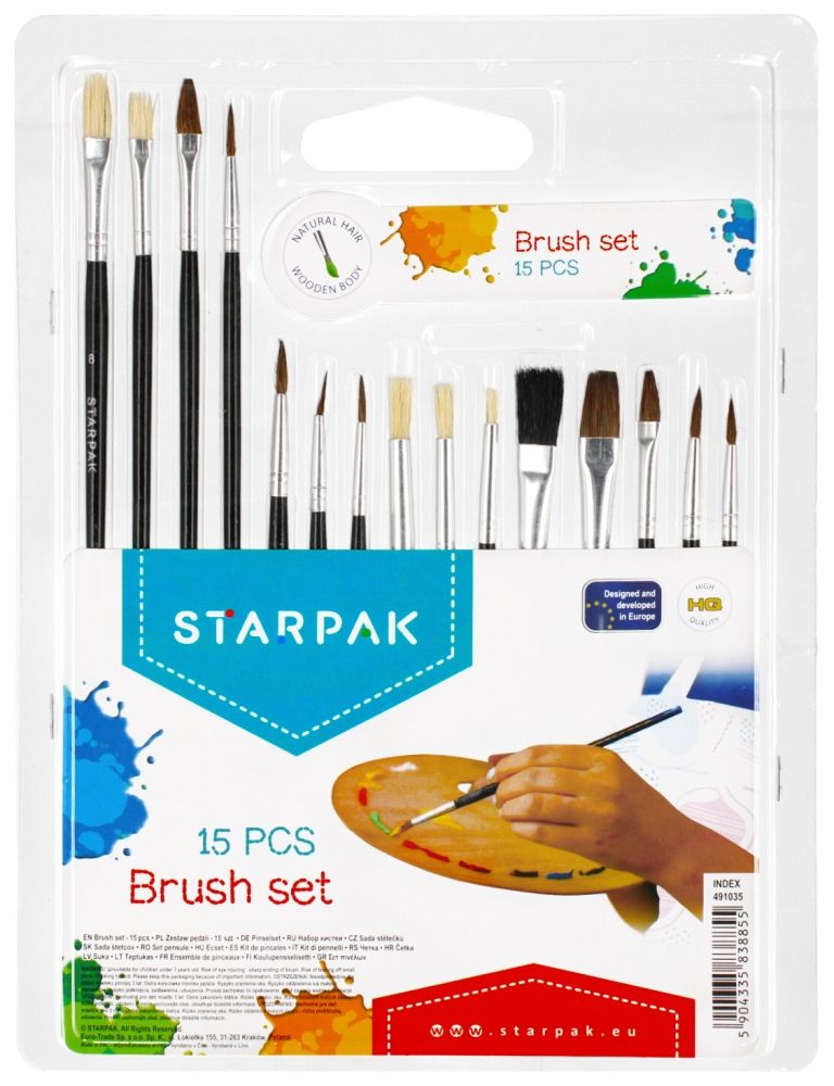 Zestaw 15 sztuk pędzli szkolnych w etui Starpak