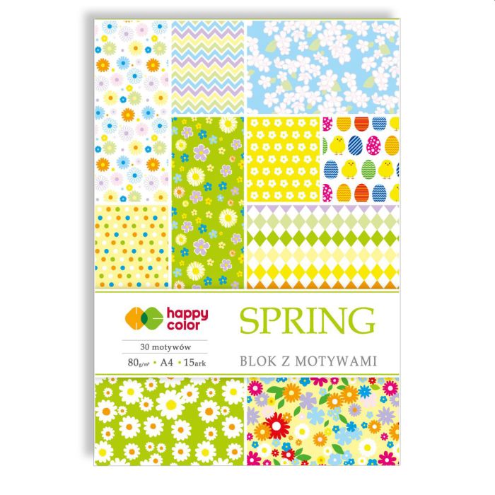 Happy Color Blok z motywami SPRING, 80g/m2, A4, 15 ark, 30 motywów