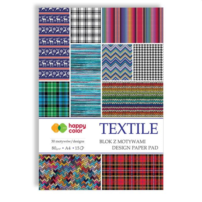 Happy Color Blok z motywami TEXTILE, 80g/m2, A4, 15 ark, 30 motyw,
