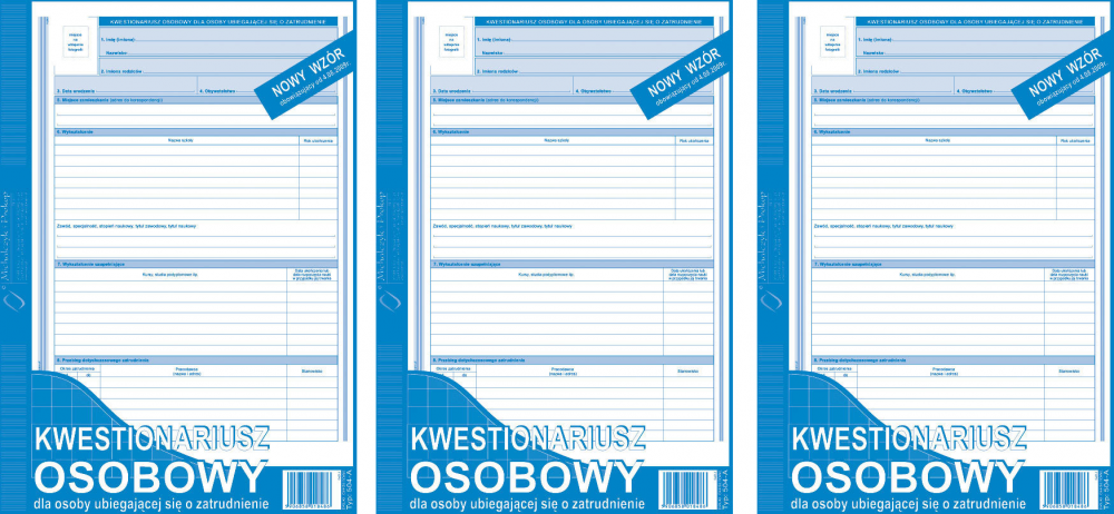 3x Druk akcydensowy - kwestionariusz osobowy dla osób ubiegających się o zatrudnienie MP 504-A, A4, 40k
