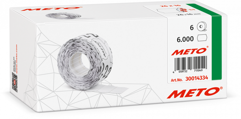 Etykiety cenowe w rolce Meto, do metkownicy dwurzędowej, 26x16 mm, 1000 sztuk, 6 rolek, biały