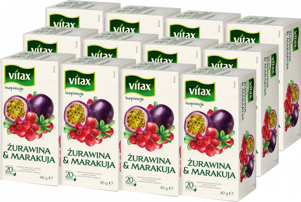 12x Herbata owocowa w torebkach Vitax Inspirations, żurawina i marakuja, 20 sztuk x 2g