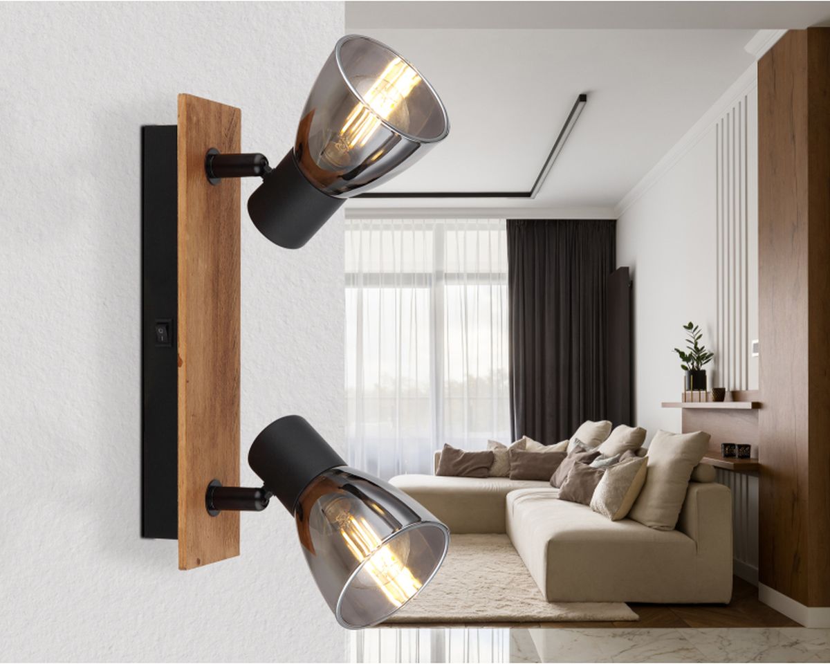 Globo Lighting Claude kinkiet 2x40W czarny mat/przydymiony/drewno 54307-2W