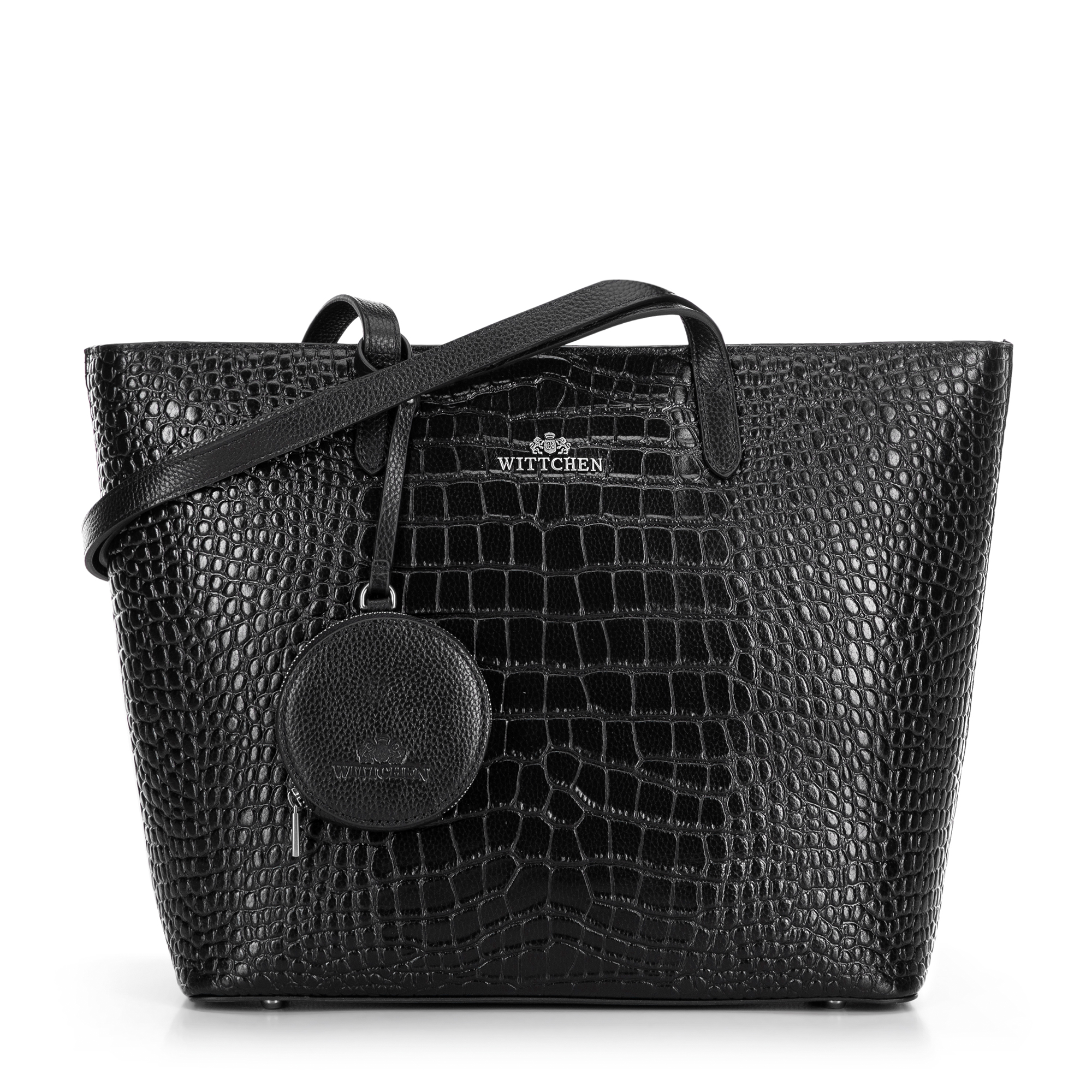 Damski shopper ze skóry we wzór croco czarno - srebrny