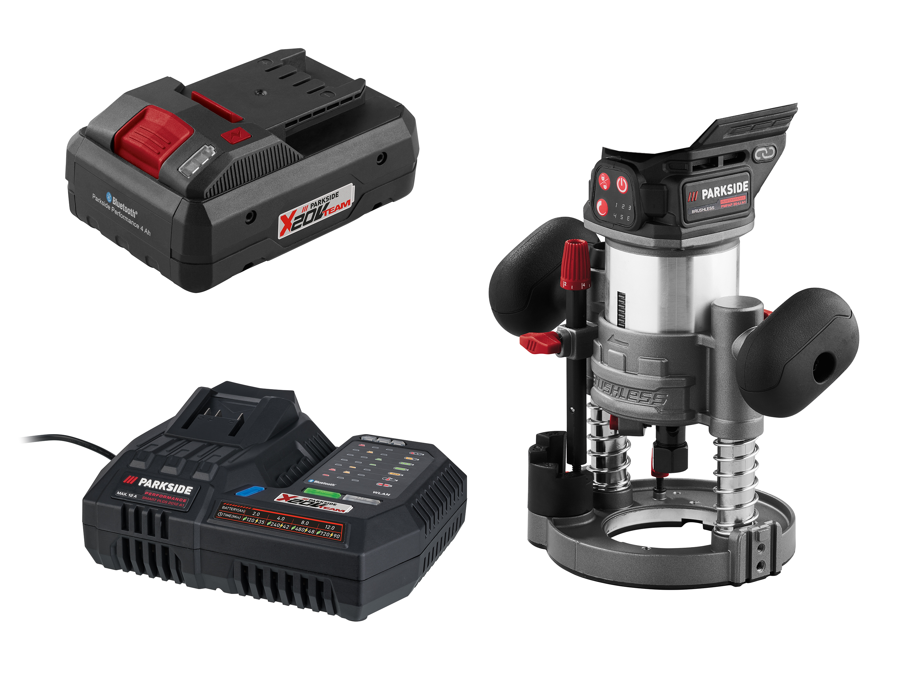 Parkside Performance Zestaw Akumulatorowa frezarka wielofunkcyjna 20 V z akumulatorem Smart 4 Ah i ładowarką 12 V