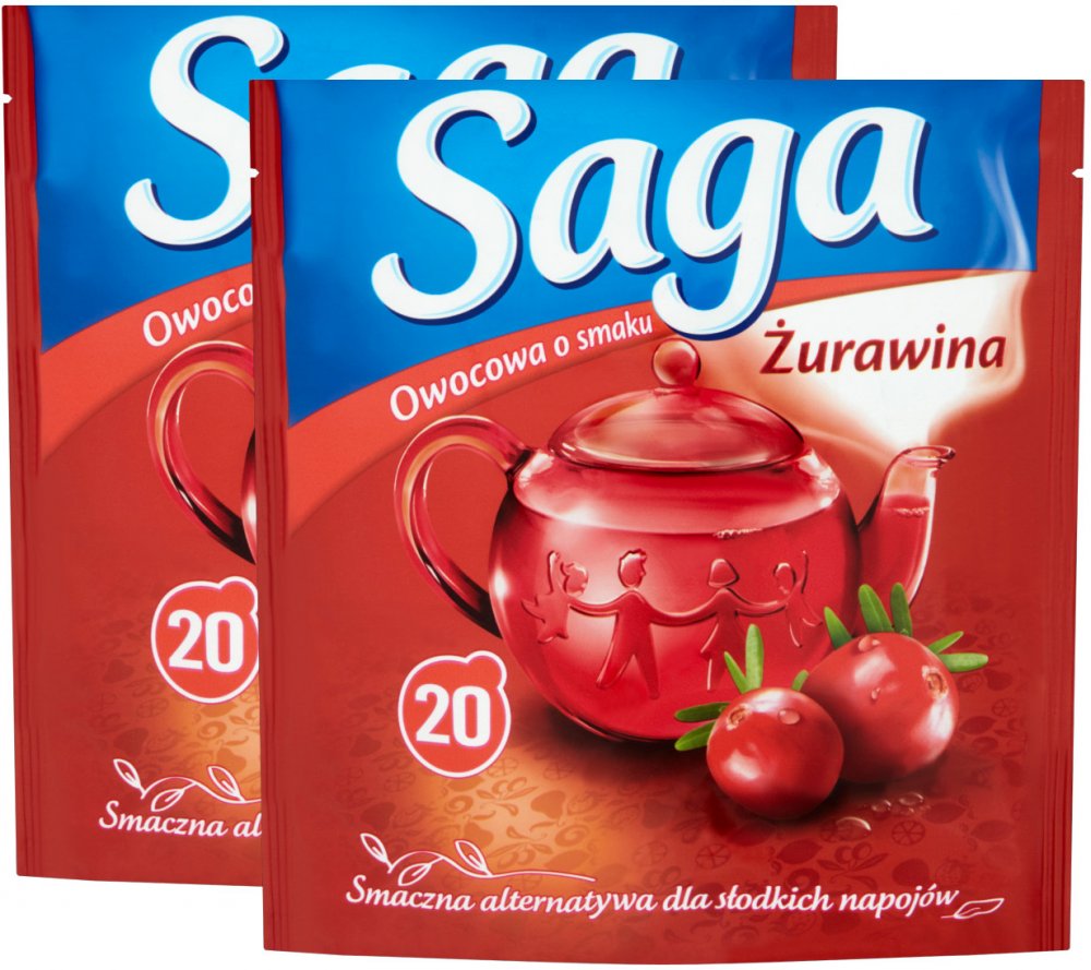 2x Herbata owocowa w torebkach Saga, żurawina, 20 sztuk x 1.7g