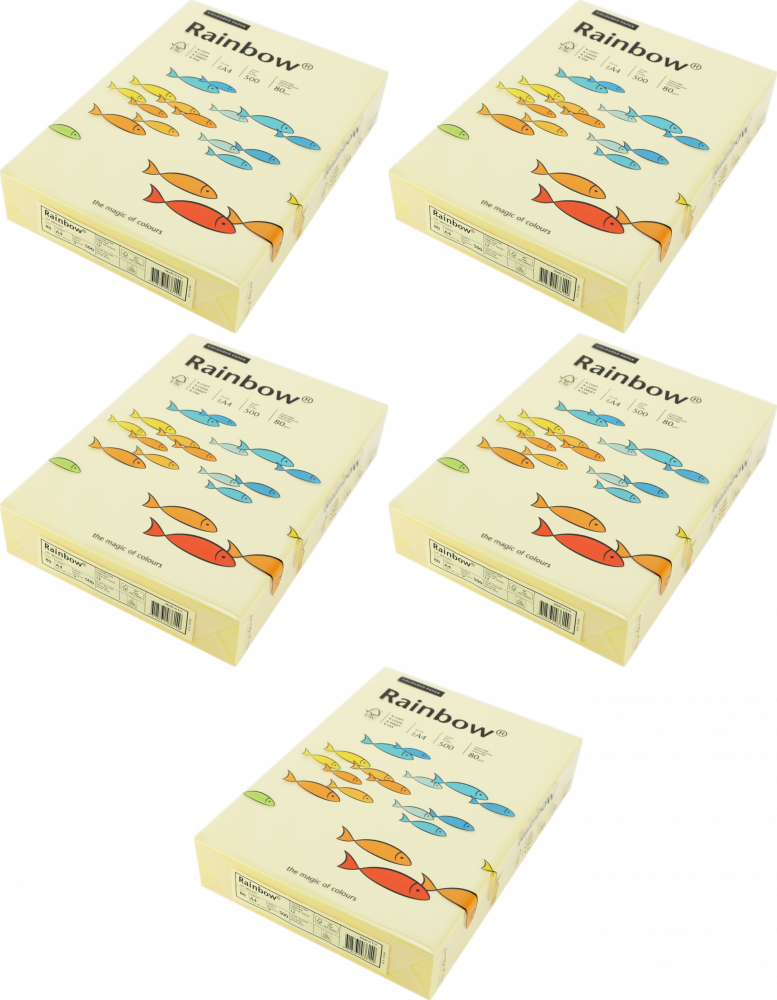 5x Papier kolorowy Rainbow, A4, 80g/m2, 500 arkuszy, jasny żółty (R12)