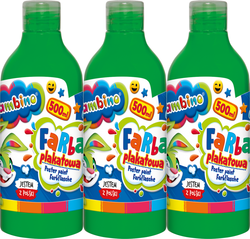 3x Farba plakatowa Bambino Zwierzaki Uczniaki, w butelce, 500ml, zielony