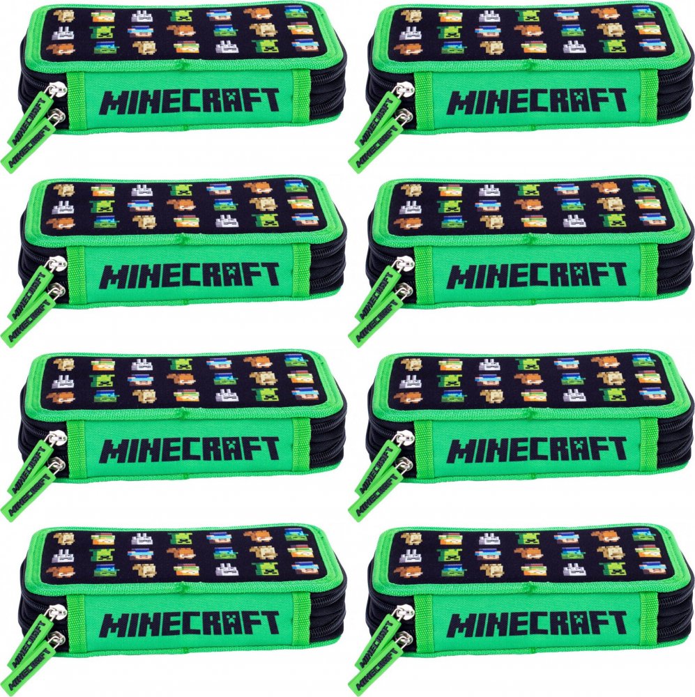 8x Piórnik szkolny Astra Minecraft Multicharacters, 2-komorowy, bez wyposażenia, 20x13.5x4cm, czarno-zielony
