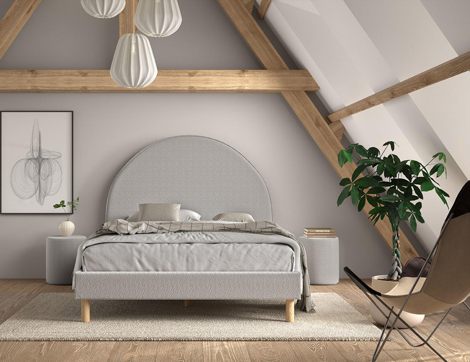 Łóżko tapicerowane z tapicerowanymi stolikami Sun - Puff grey