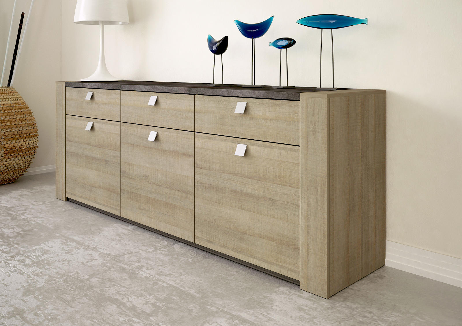 Przestronna, designerska komoda Rita grey oak