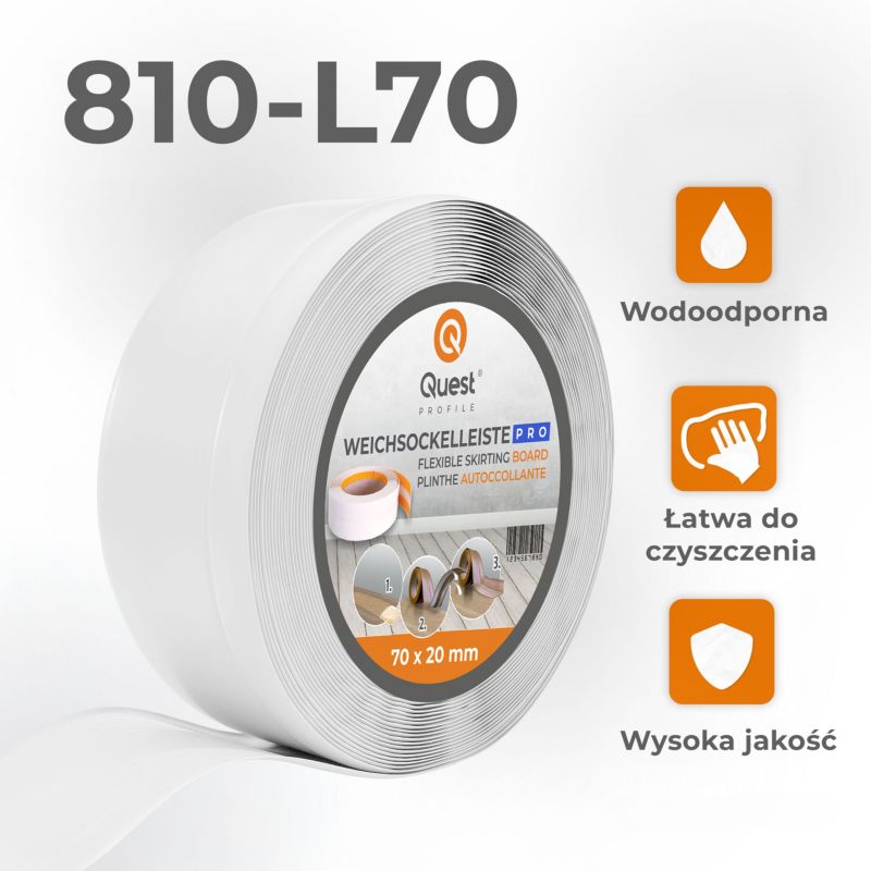 Listwa przypodłogowa PCV 70x20mm, QUEST, elastyczna, miękka listwa podłogowa, cokołowa, biały, 25m