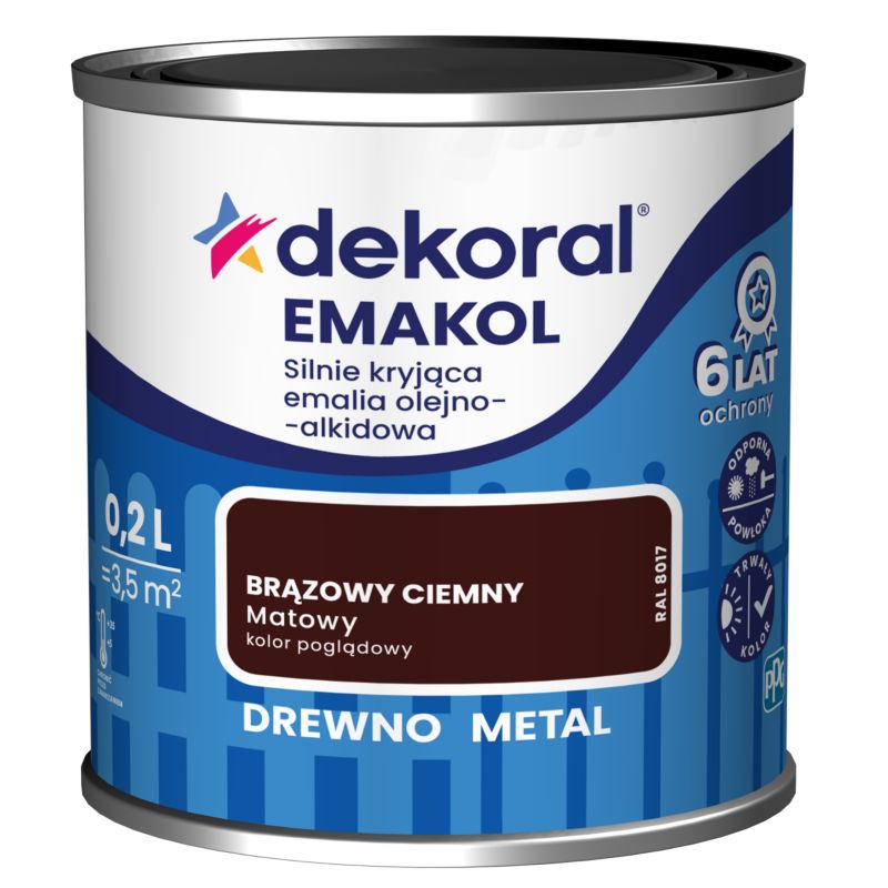 Emalia olejno-alkidowa Dekoral Emakol do drewna i metalu brązowy ciemny mat 0,2 l