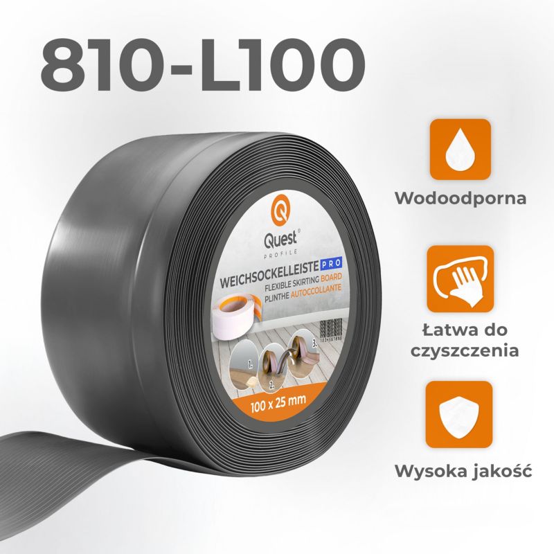 Listwa przypodłogowa PCV 100x25mm, QUEST, elastyczna, miękka listwa podłogowa, cokołowa, ciemnoszary, 15m