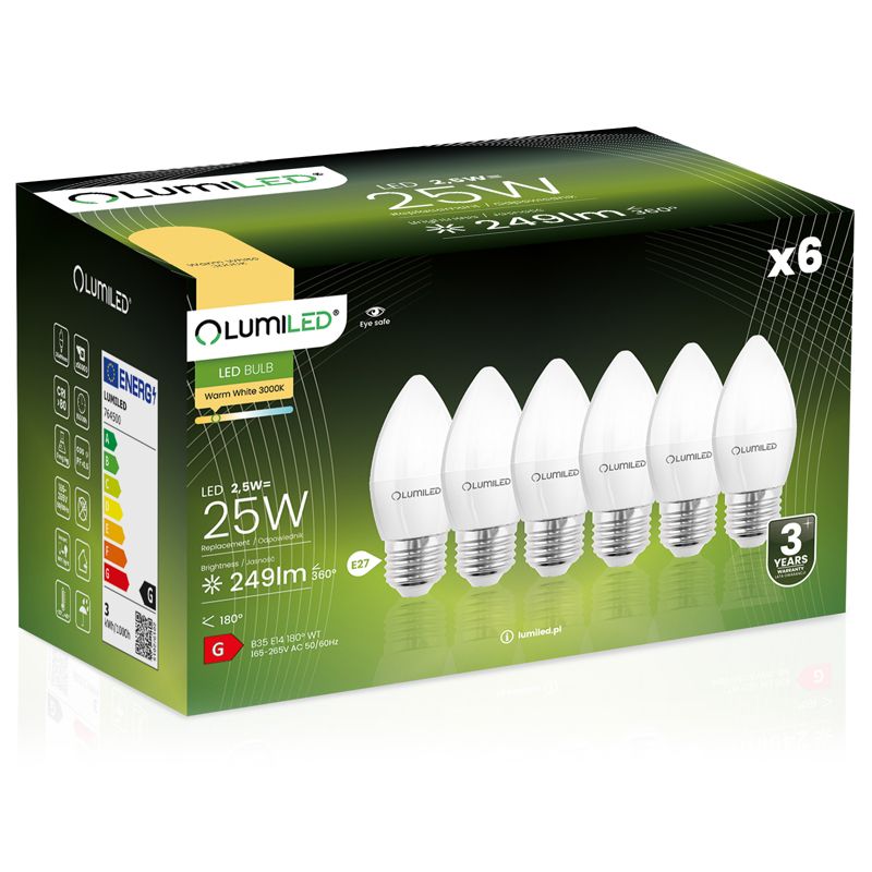 Żarówka LED LUMILED E27 B35 2,5W 249lm 3000K 180st 6 szt.