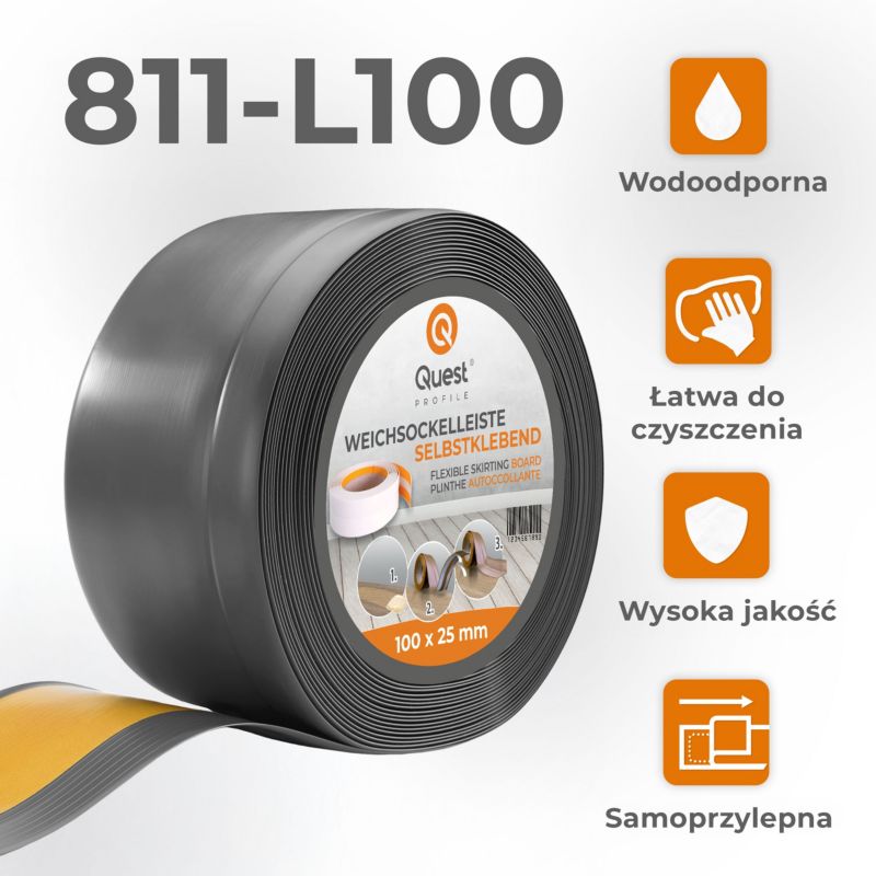 Listwa przypodłogowa PCV 100x25mm, QUEST, samoprzylepna elastyczna, miękka listwa podłogowa, cokołowa, ciemnoszary, 10m